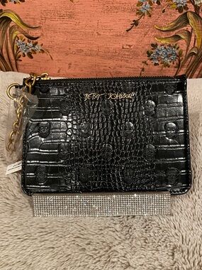 Betsey Johnson Black Embossed Croc Skull Wristlet with Gold Hardware